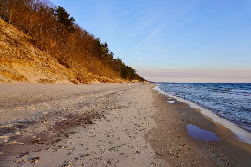 Sandy Lake Michigan beach with wooded dunes along the shoreline in Norton Shores, MI