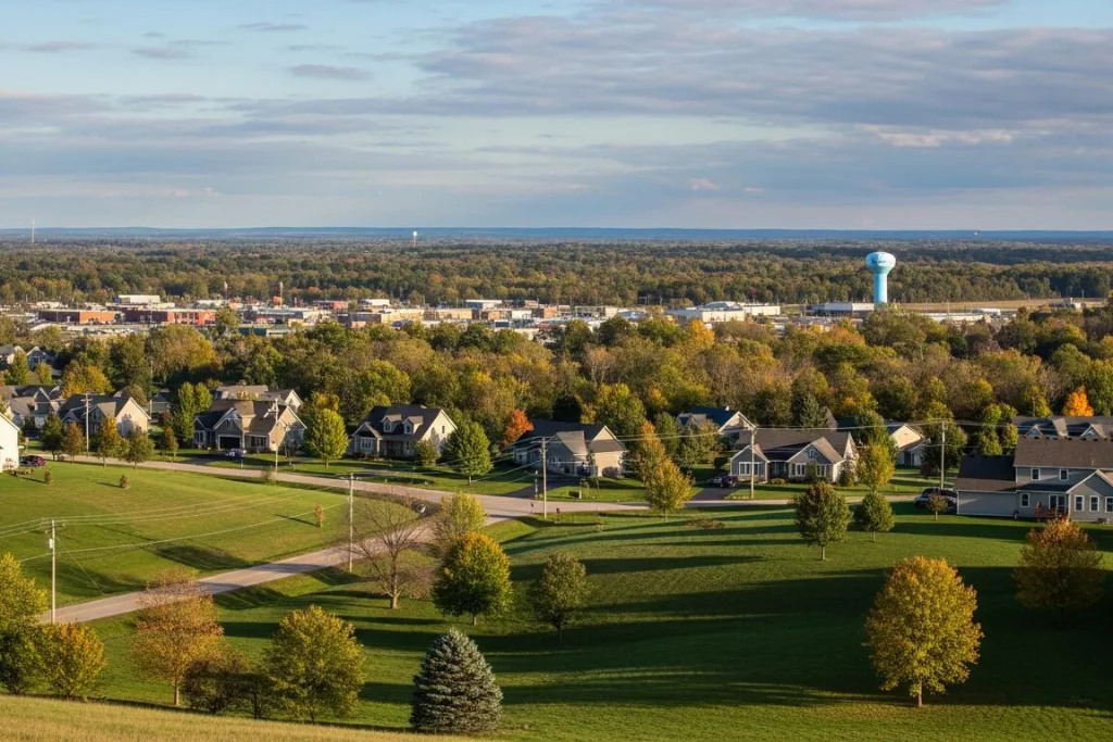 Aerial view of Walker, MI homes, open green space and a water tower